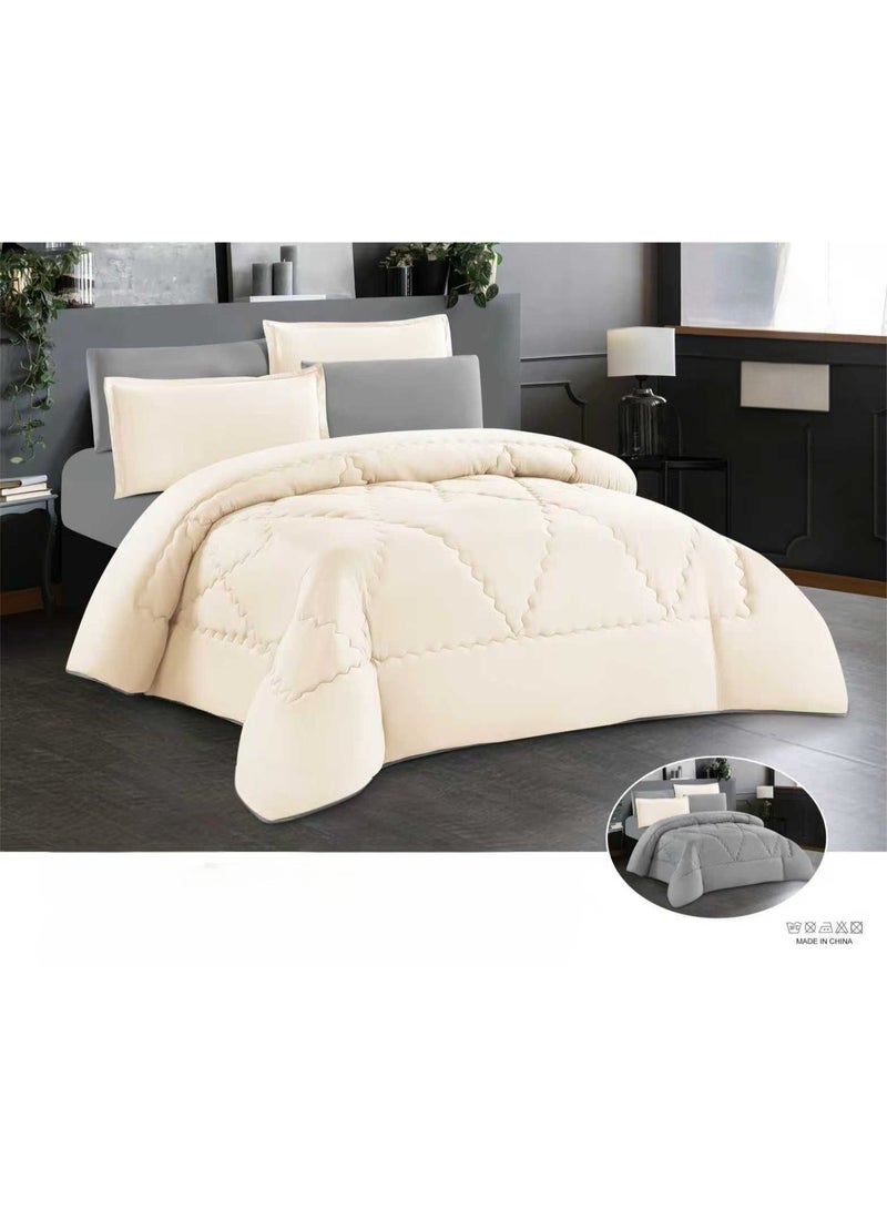 A plain, double-sided summer bed set for one and a half people, consisting of 4 pieces. It features a modern design and geometric quilted fabric, giving it an elegant hotel look. The set includes: 1 duvet (180*240 cm), 1 fitted sheet (140*200 cm), 1 pillowcase (50*80 cm), and 1 cushion (50*50 cm).