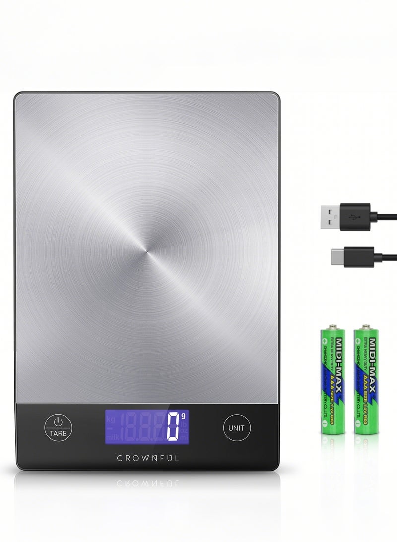 كراونفول ميزان طعام CROWNFUL سعة 15 كجم، ميزان مطبخ رقمي من الفولاذ المقاوم للصدأ 304 قابل للشحن، بالجرام والأونصة مع شاشة LCD وشحن Type-C للخبز والطهي - Image 1