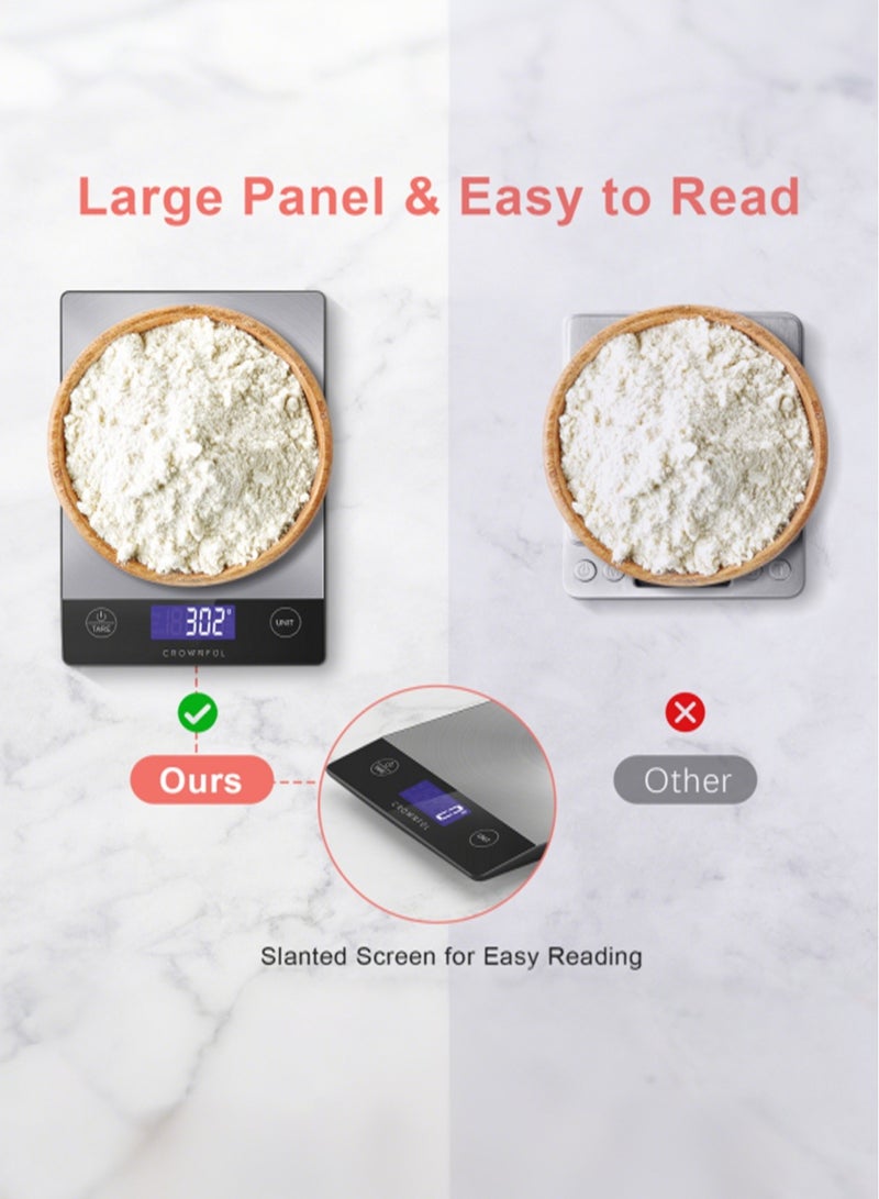 كراونفول ميزان طعام CROWNFUL سعة 15 كجم، ميزان مطبخ رقمي من الفولاذ المقاوم للصدأ 304 قابل للشحن، بالجرام والأونصة مع شاشة LCD وشحن Type-C للخبز والطهي - Image 2