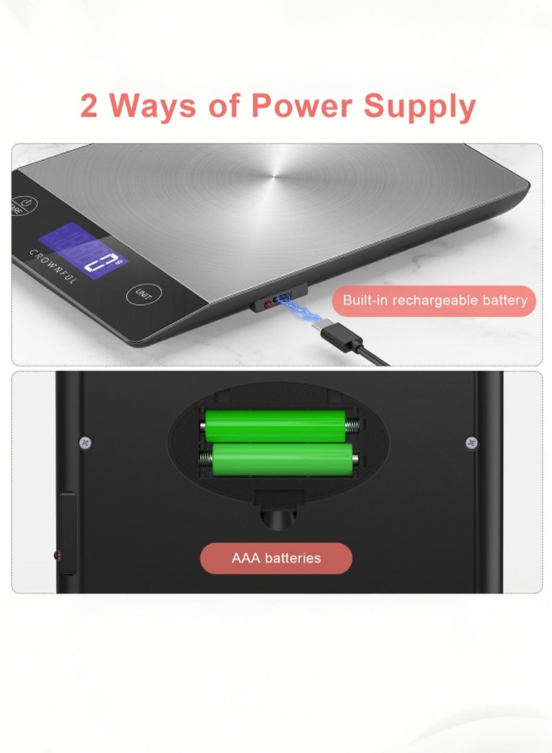 كراونفول ميزان طعام CROWNFUL سعة 15 كجم، ميزان مطبخ رقمي من الفولاذ المقاوم للصدأ 304 قابل للشحن، بالجرام والأونصة مع شاشة LCD وشحن Type-C للخبز والطهي - Image 3