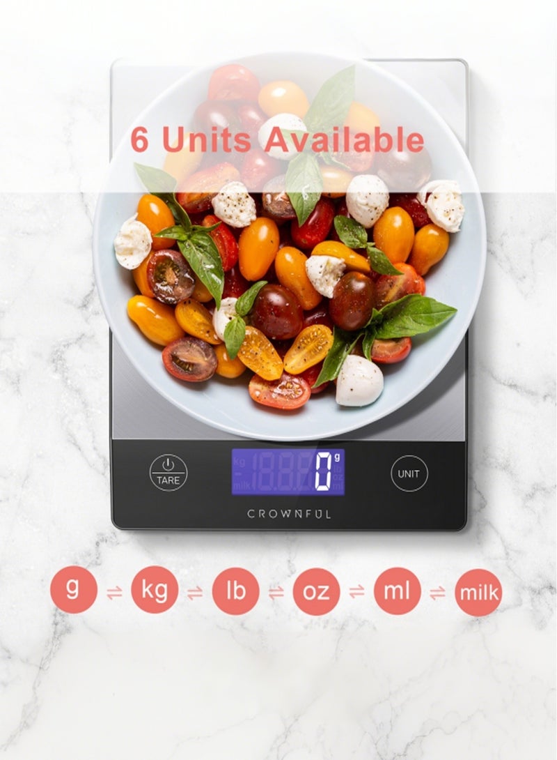 كراونفول ميزان طعام CROWNFUL سعة 15 كجم، ميزان مطبخ رقمي من الفولاذ المقاوم للصدأ 304 قابل للشحن، بالجرام والأونصة مع شاشة LCD وشحن Type-C للخبز والطهي - Image 4