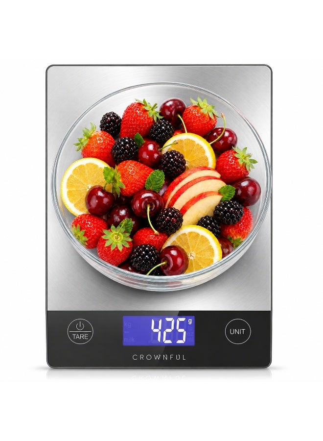 Crownful 15Kg Food Scale, Rechargeable 304 Stainless Steel Digital Kitchen Scale Grams and Ounces with LCD Display and Type-C Charging for Baking and Cooking - Image 1