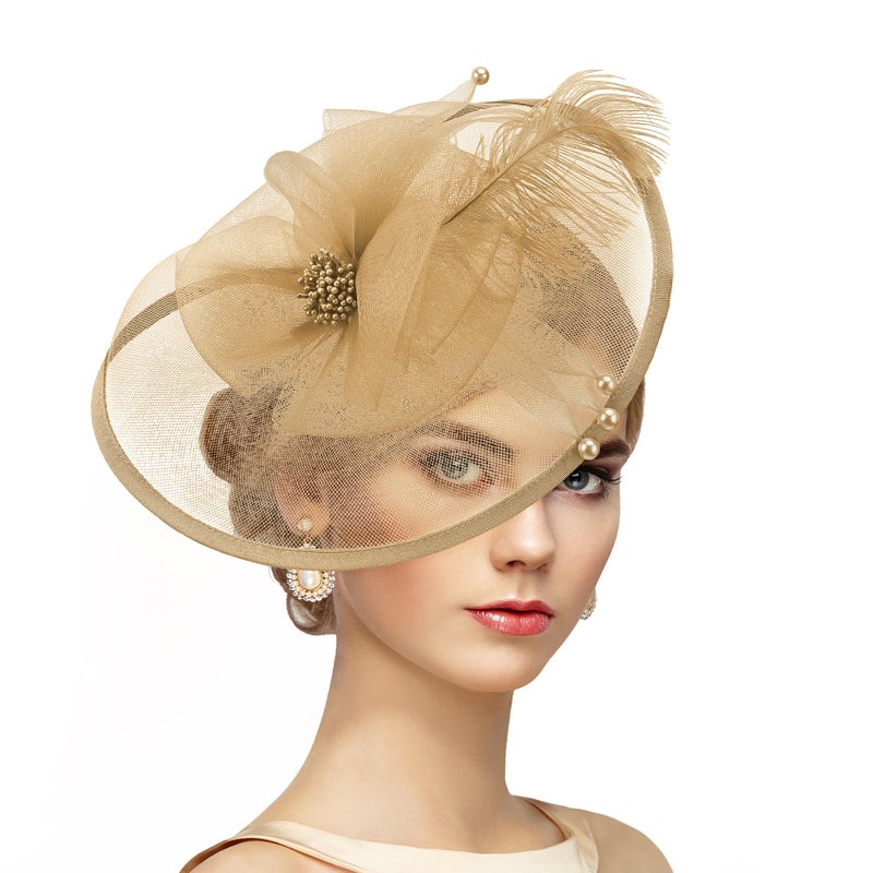 Zinniday Fascinator Hat for Women Tea Party - 2026 Derby Fascinator with Detachable Headband (11.81 â€œx9.84â€ / Head Circumference 21.5â€œ-23.5â€) - Lightweight Feather & Polyester Dark Gold - Image 1