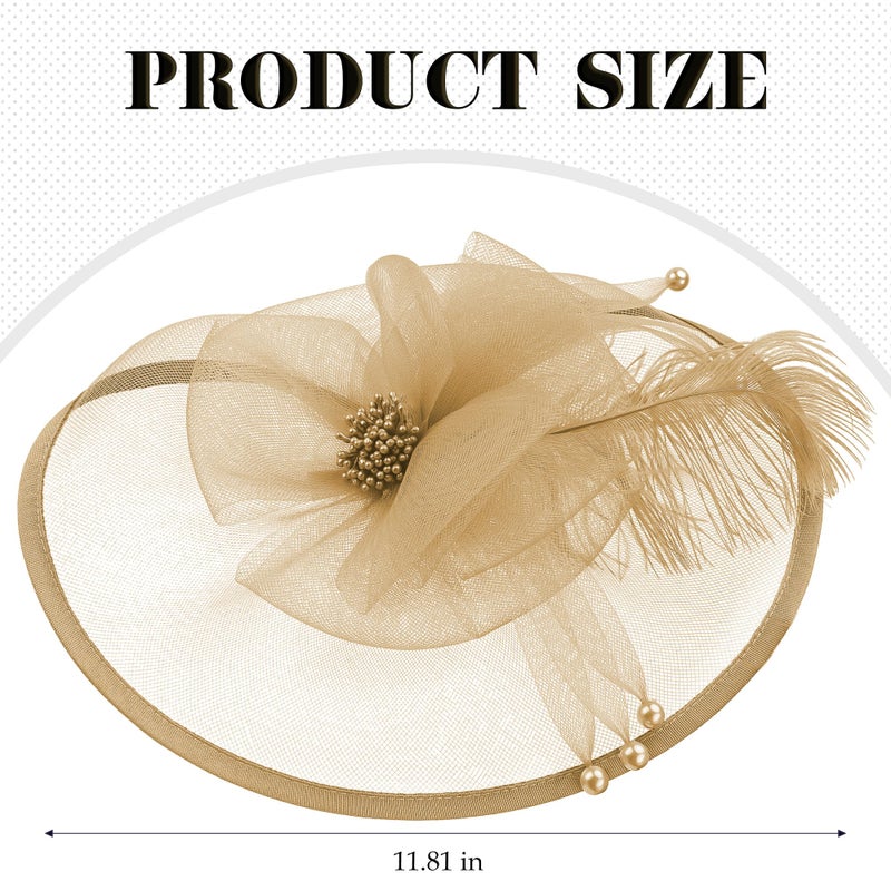 Zinniday Fascinator Hat for Women Tea Party - 2026 Derby Fascinator with Detachable Headband (11.81 â€œx9.84â€ / Head Circumference 21.5â€œ-23.5â€) - Lightweight Feather & Polyester Dark Gold - Image 2