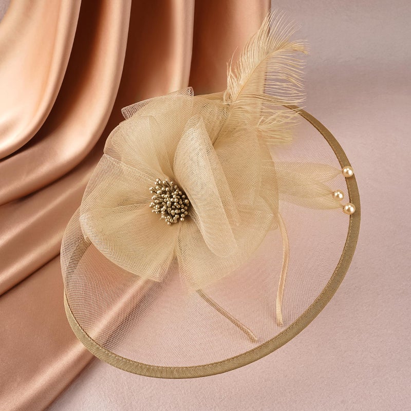Zinniday Fascinator Hat for Women Tea Party - 2026 Derby Fascinator with Detachable Headband (11.81 â€œx9.84â€ / Head Circumference 21.5â€œ-23.5â€) - Lightweight Feather & Polyester Dark Gold - Image 4