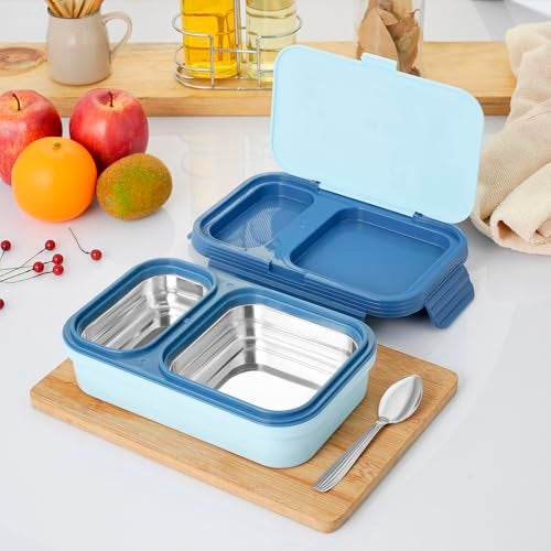 Zerya Stainless Steel 2-Compartment Lunch Box – BPA-Free, Leakproof Bento Box with Extra Upper Storage for Spoon & Tissue – Ideal for School & Picnic (Blue, 2-Compartment) 525ML - Image 1