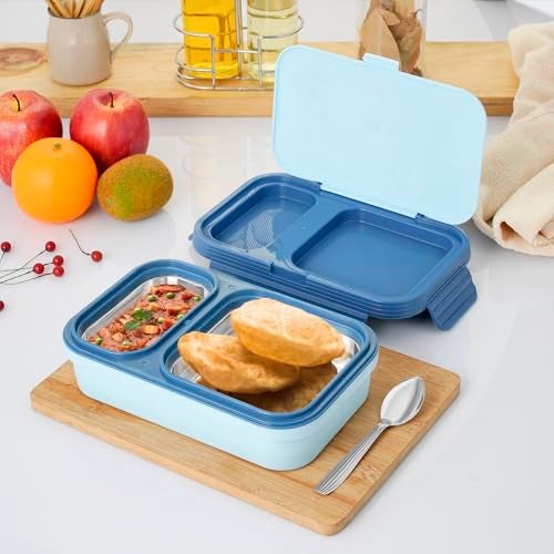 Zerya Stainless Steel 2-Compartment Lunch Box – BPA-Free, Leakproof Bento Box with Extra Upper Storage for Spoon & Tissue – Ideal for School & Picnic (Blue, 2-Compartment) 525ML - Image 2