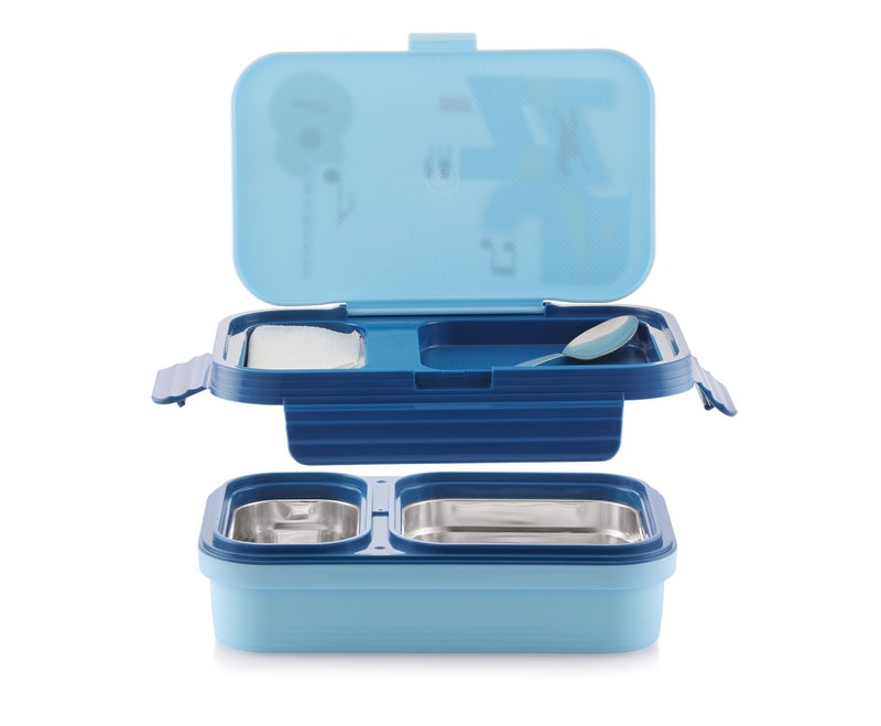 Zerya Stainless Steel 2-Compartment Lunch Box – BPA-Free, Leakproof Bento Box with Extra Upper Storage for Spoon & Tissue – Ideal for School & Picnic (Blue, 2-Compartment) 525ML - Image 4