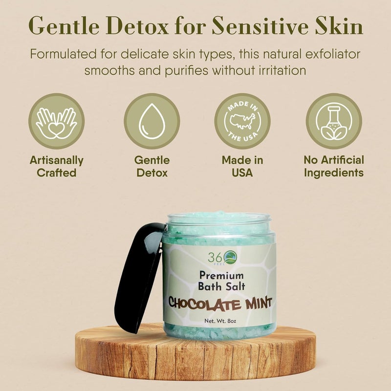 360Feel Chocolate Mint Bath Salt Body Scrub Nourishing Bath Soak for Sensitive Skin Face Body Foot Salt Scrub 8 Ounce Jar - Image 3