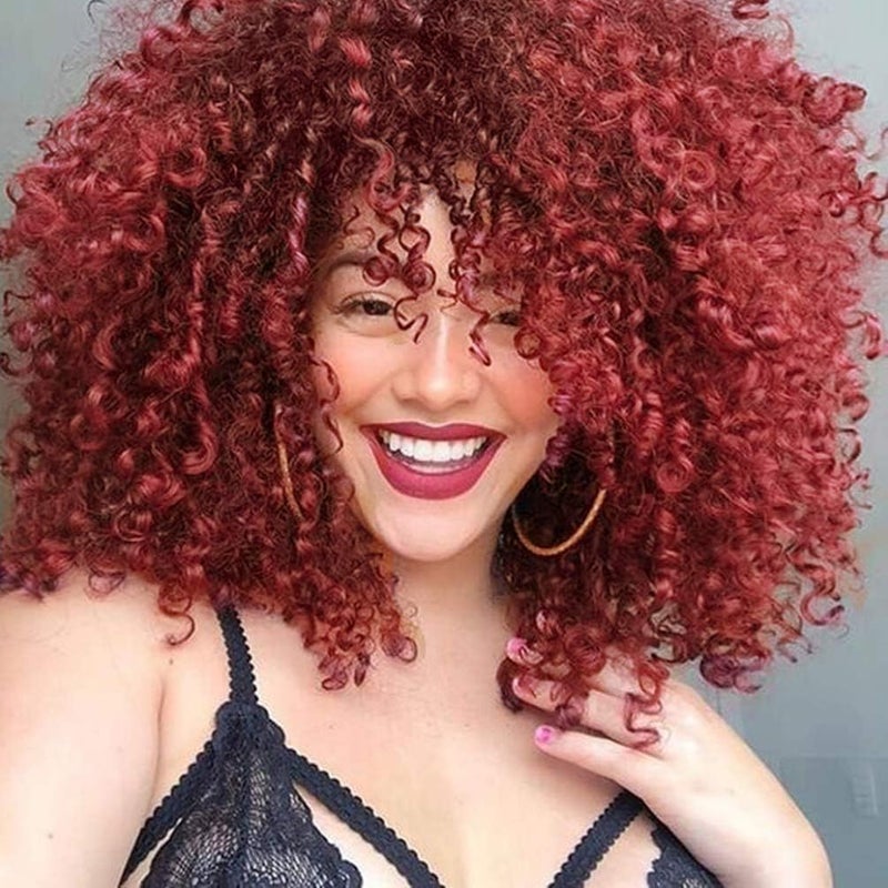 rosmile Curly Wigs for Black Women Burgundy Synthetic African American Full Kinky Curly Afro Hair Wig with Bangs Free 1pc Professional Wig Comb and 4pcs Wig Caps