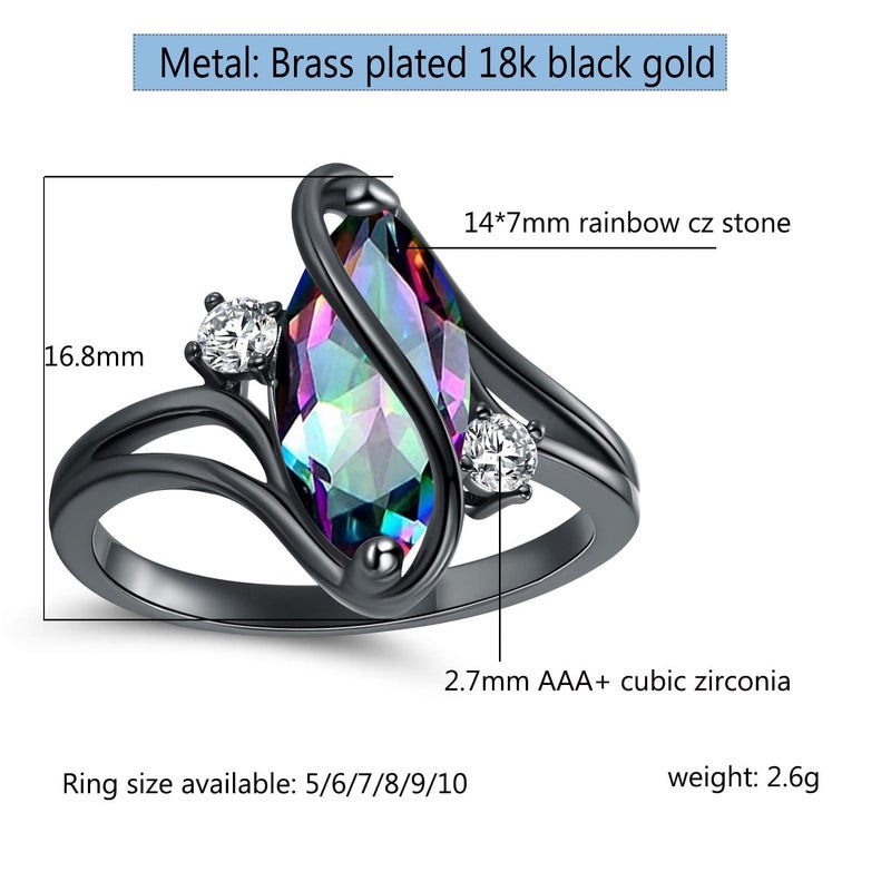 VOLUKA 18K Black Gold Plated Rainbow CZ Marquise Rings for Women Cocktail Promise Eternity Band Party Birthday Gifts Fashion Jewelry(8) - Image 4