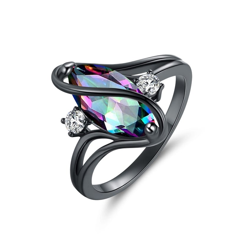 VOLUKA 18K Black Gold Plated Rainbow CZ Marquise Rings for Women Cocktail Promise Eternity Band Party Birthday Gifts Fashion Jewelry(8) - Image 1