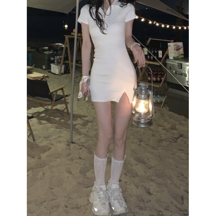 Summer Dress Pure Retro POLO Collar High-end dress Womens Chic Waist Sweet and Hot Skirt Hip Skirt White - Image 1