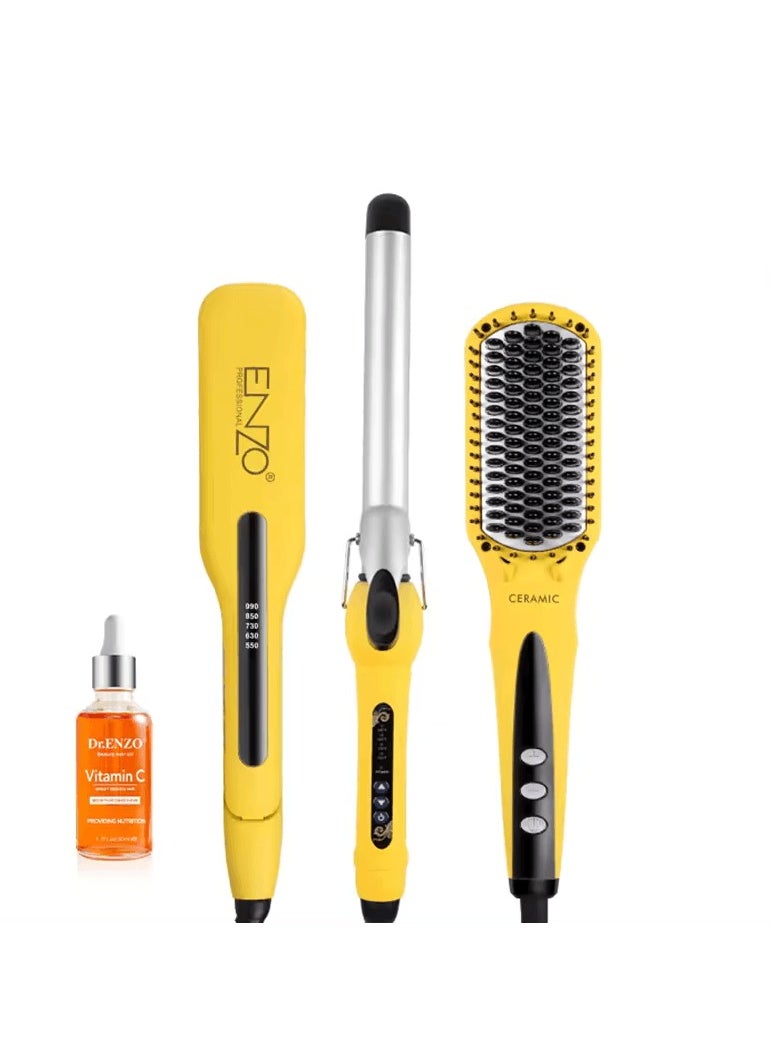 ENZO EN-3955W 3-in-1 Platinum Collection Hair Styling  kit - Versatile Hot Air Brush, Straightener, and Curling Iron with Platinum Ceramic Technology - Intl Version 