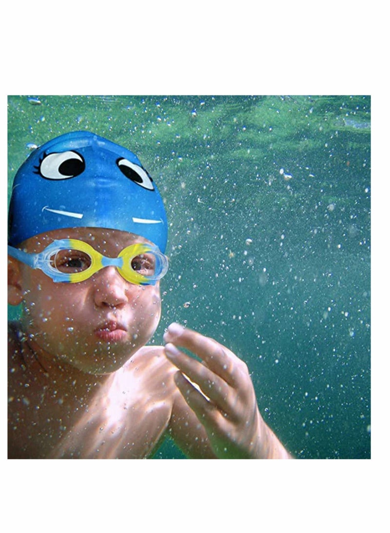 Kids Swimming Caps, Waterproof Silicone Bathing Cap, Cute Cartoon Animal Prints, Protect Ears Soft Lightweight Boys and Girls Swim Caps (Age 3-12, Shark Pattern, 2pcs)