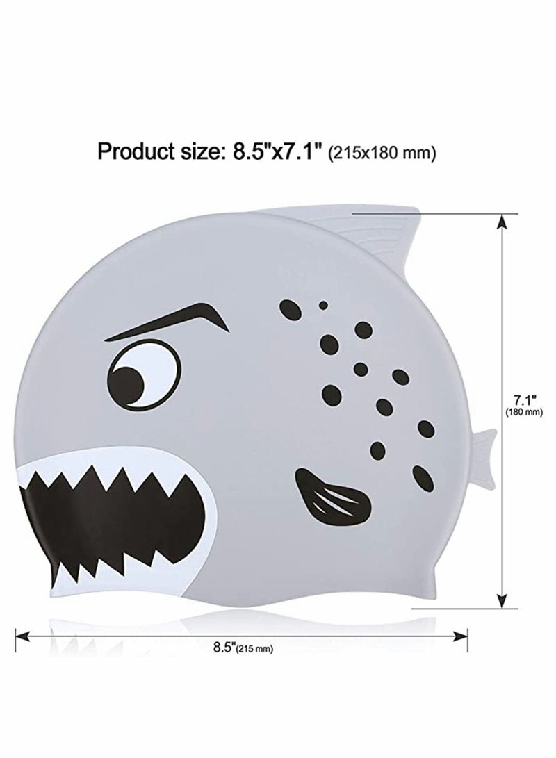 Kids Swimming Caps, Waterproof Silicone Bathing Cap, Cute Cartoon Animal Prints, Protect Ears Soft Lightweight Boys and Girls Swim Caps (Age 3-12, Shark Pattern, 2pcs)