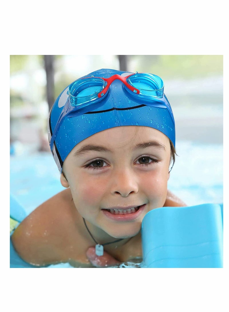 Kids Swimming Caps, Waterproof Silicone Bathing Cap, Cute Cartoon Animal Prints, Protect Ears Soft Lightweight Boys and Girls Swim Caps (Age 3-12, Shark Pattern, 2pcs)