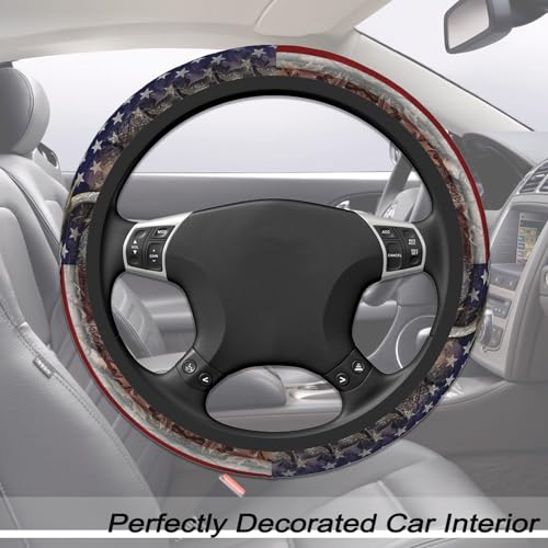 FJyuanqi Camouflage Deer American Flag Steering Wheel Cover for Men AntiSlip Elastic Breathable Soft Rubber Car Steering Wheel Protective Cover Universal 15 Inch Fit for Cars Auto SUVs - Image 3
