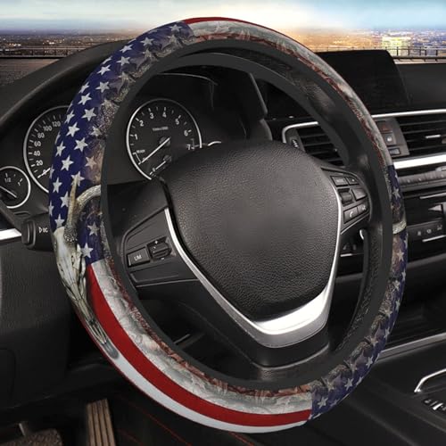FJyuanqi Camouflage Deer American Flag Steering Wheel Cover for Men AntiSlip Elastic Breathable Soft Rubber Car Steering Wheel Protective Cover Universal 15 Inch Fit for Cars Auto SUVs - Image 1
