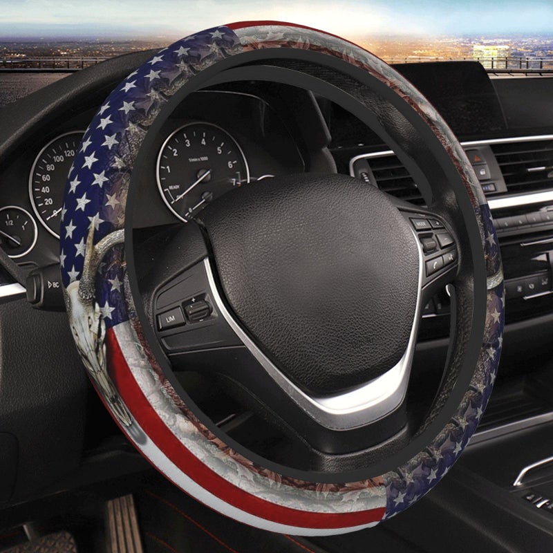 FJyuanqi Camouflage Deer American Flag Steering Wheel Cover for Men AntiSlip Elastic Breathable Soft Rubber Car Steering Wheel Protective Cover Universal 15 Inch Fit for Cars Auto SUVs - Image 2