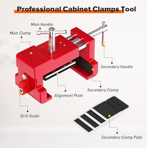 Sebupar Cabinet Clamps, Cabinet Installation Cabinetry Clamps Face Frame Clamps Tools with Two Side Screws and Alignment Plate, 2 Pack, Red - Image 3