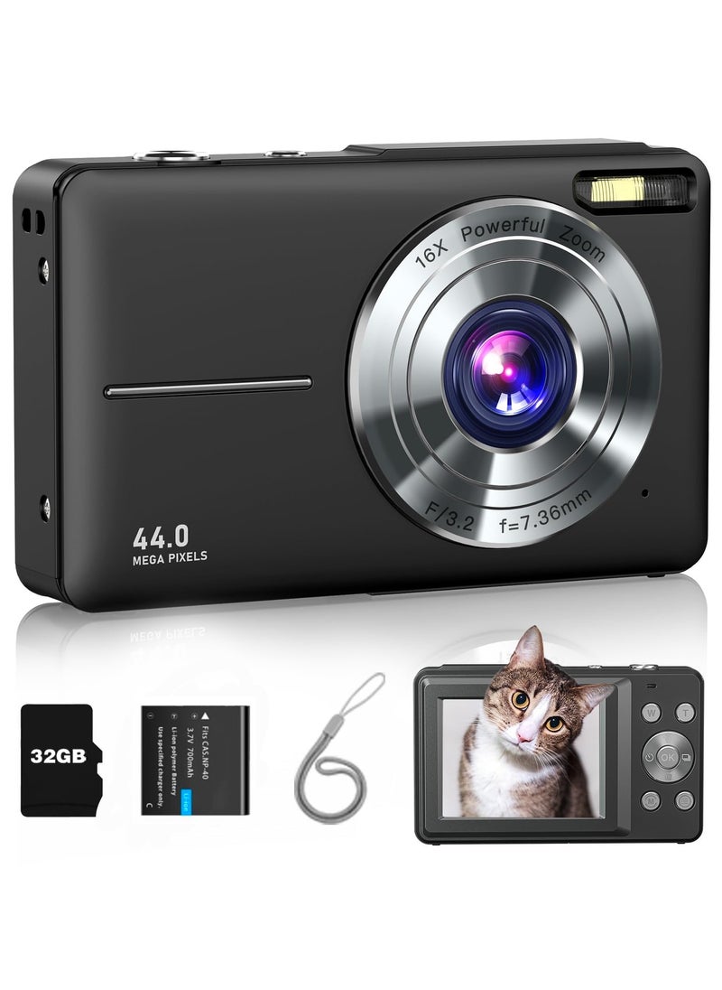 ميلاتيك - كاميرا رقمية، كاميرا أطفال FHD 1080P 44 ميجا بكسل كاميرات رقمية Point and Shoot مع بطاقة SD سعة 32 جيجابايت، تقريب 16X، حبل تعليق - Image 1