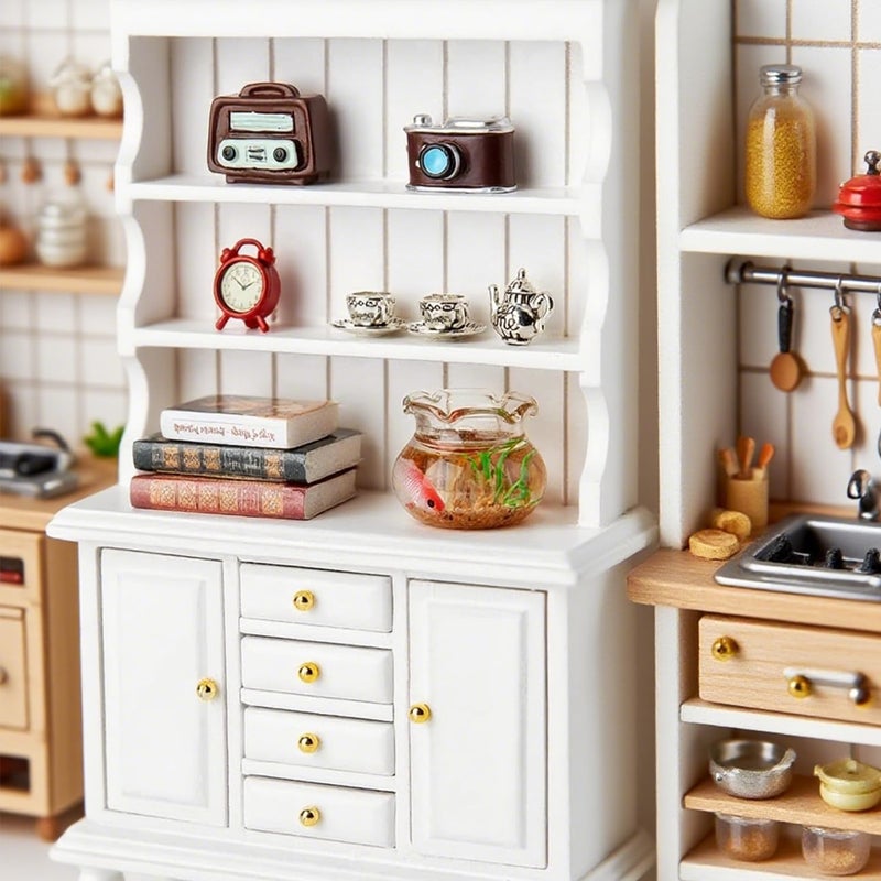 Minamzee 112 Dollhouse Cabinet Set 11Pcs Dollhouse Miniature Wooden Bookshelf with Accessories Alarm Clock Fish Tank Books Coffee Cups for Living RoomDining RoomStudy and Other Scenes - Image 3