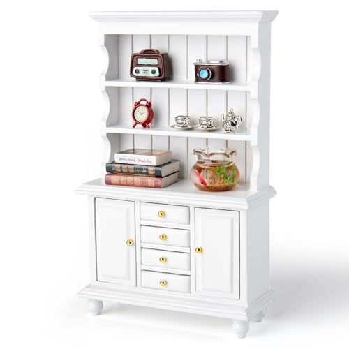 Minamzee 112 Dollhouse Cabinet Set 11Pcs Dollhouse Miniature Wooden Bookshelf with Accessories Alarm Clock Fish Tank Books Coffee Cups for Living RoomDining RoomStudy and Other Scenes - Image 5