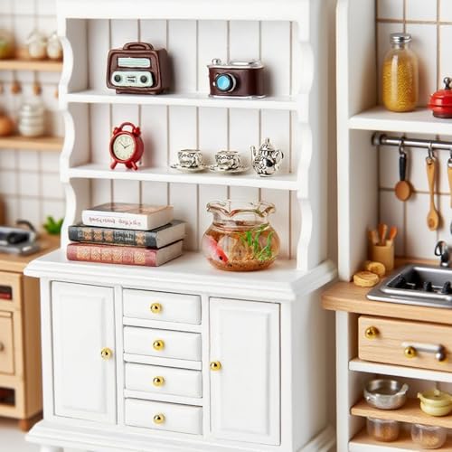 Minamzee 112 Dollhouse Cabinet Set 11Pcs Dollhouse Miniature Wooden Bookshelf with Accessories Alarm Clock Fish Tank Books Coffee Cups for Living RoomDining RoomStudy and Other Scenes - Image 1