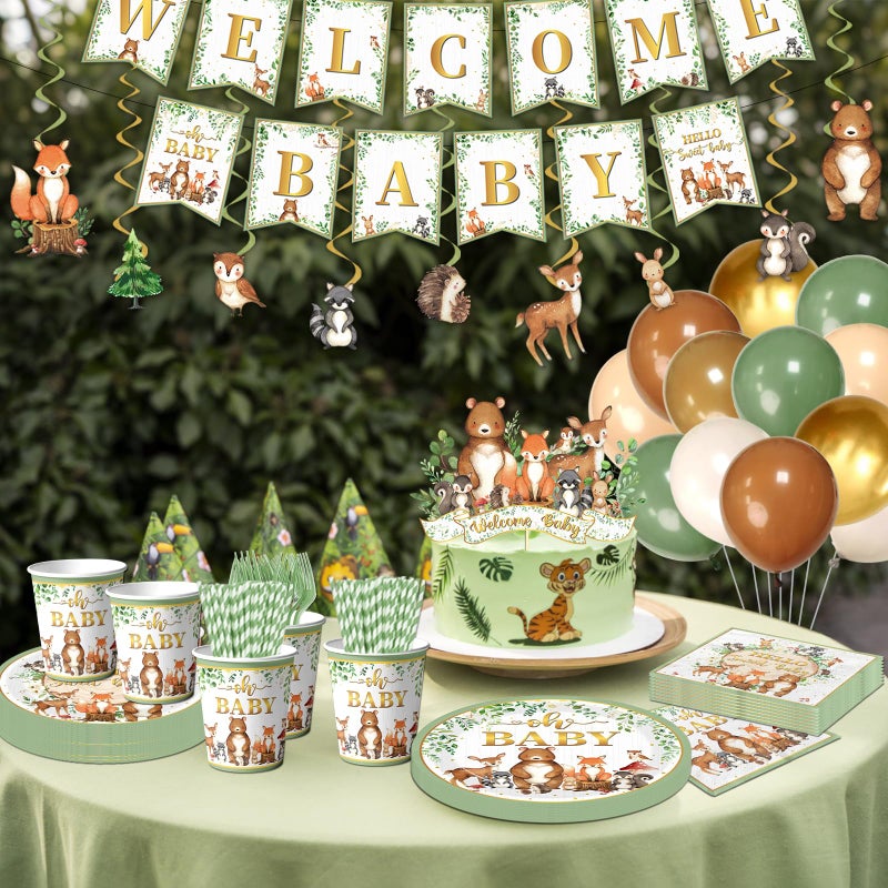 Cextoga Woodland Baby Shower Decorations,196pcs Woodland Baby Shower Plates and Napkins Cups Sage Forest Animals baby Shower Tablecloth Cake Toppers Balloons for Boy Babys Shower Decorations - Image 3