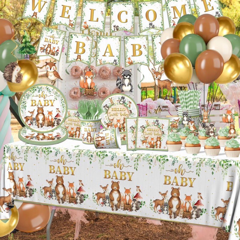 Cextoga Woodland Baby Shower Decorations,196pcs Woodland Baby Shower Plates and Napkins Cups Sage Forest Animals baby Shower Tablecloth Cake Toppers Balloons for Boy Babys Shower Decorations - Image 2