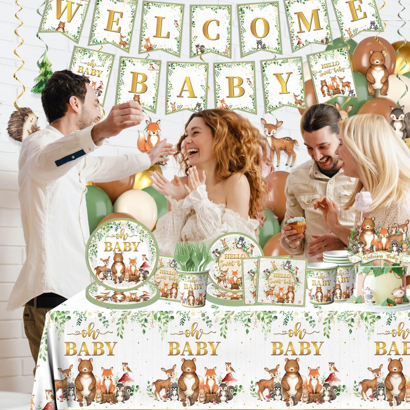 Cextoga Woodland Baby Shower Decorations,196pcs Woodland Baby Shower Plates and Napkins Cups Sage Forest Animals baby Shower Tablecloth Cake Toppers Balloons for Boy Babys Shower Decorations - Image 4