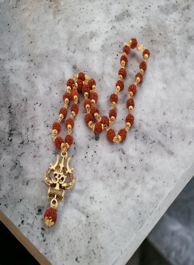 RCW Rudraksha Mala with Trishul Damru Pendant | Spiritual Necklace for Men & Women | 5 Mukhi Rudraksh Shiv Mala for Meditation, Puja, Protection & Divine Blessings (Gold) - Image 3