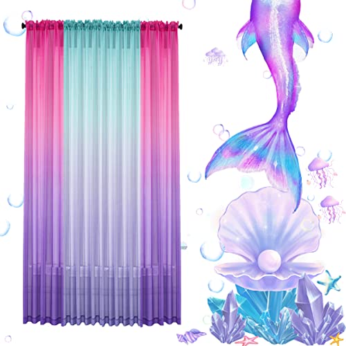 Yancorp 2 Panel Sets Bedroom Curtains 63 inch Length Sheer Curtain Pink Purple Ombre Curtains Rod Pocket Drapes for Girls Living Room Mermaid Bedroom Nursery Kid Window Decor(Pink Purple, 40"x63") - Image 2