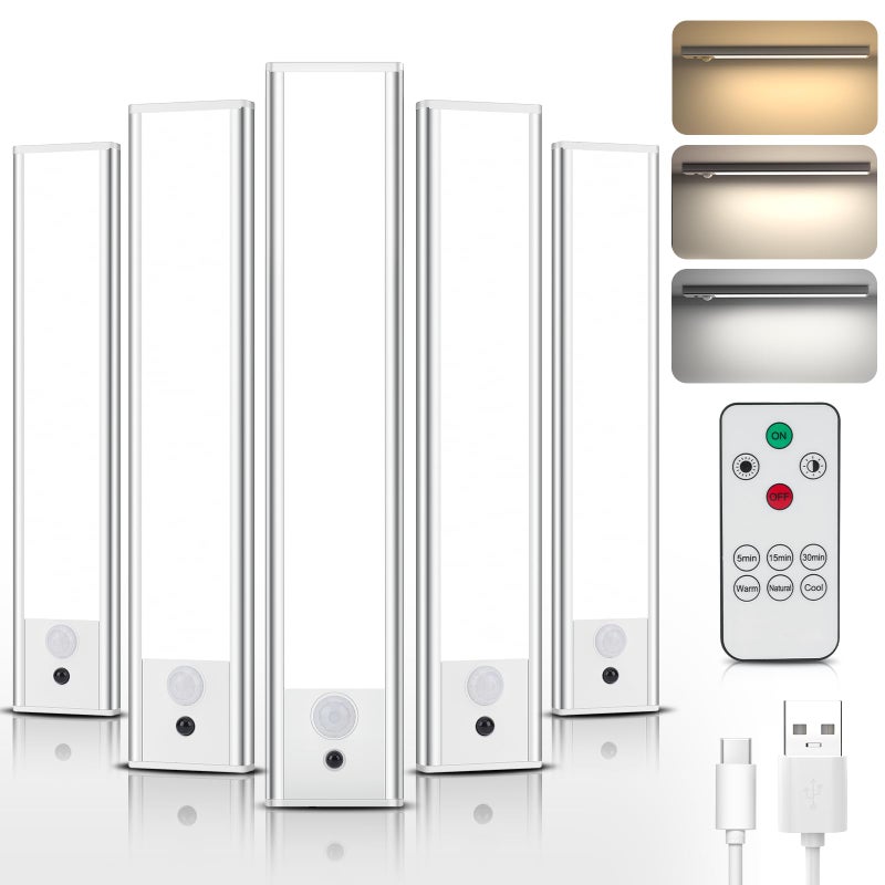 DEALGADGETS Under Cabinet Lights Motion Sensor 3 Color Temperatures LED Closet Light USBC Rechargeable Under Counter Lights Night Light for Kitchen Wardrobe Silver 3 Color Remote 807 Inch 5 Pack