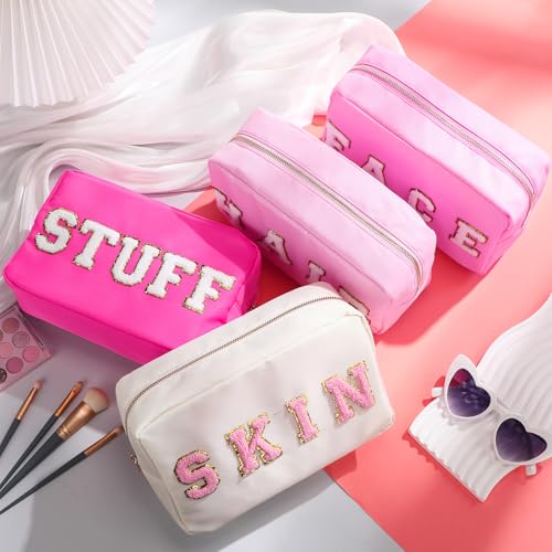 Remerry 4 PCS Nylon Cosmetic Bags Waterproof Spacious Travel Makeup Organizer for Women Chenille Letter Preppy Zipper Pouch Face Stuff Skin Hair Organizer Gift(Rose Red, Pink, Light Pink, White) - Image 3