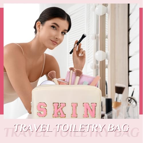 Remerry 4 PCS Nylon Cosmetic Bags Waterproof Spacious Travel Makeup Organizer for Women Chenille Letter Preppy Zipper Pouch Face Stuff Skin Hair Organizer Gift(Rose Red, Pink, Light Pink, White) - Image 4