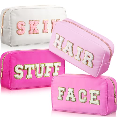 Remerry 4 PCS Nylon Cosmetic Bags Waterproof Spacious Travel Makeup Organizer for Women Chenille Letter Preppy Zipper Pouch Face Stuff Skin Hair Organizer Gift(Rose Red, Pink, Light Pink, White) - Image 1