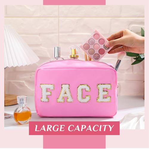 Remerry 4 PCS Nylon Cosmetic Bags Waterproof Spacious Travel Makeup Organizer for Women Chenille Letter Preppy Zipper Pouch Face Stuff Skin Hair Organizer Gift(Rose Red, Pink, Light Pink, White) - Image 5