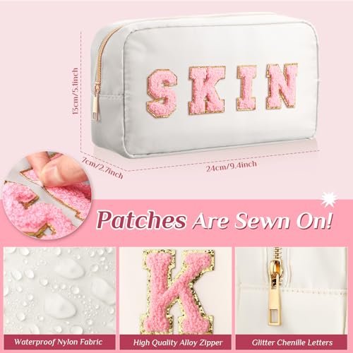 Remerry 4 PCS Nylon Cosmetic Bags Waterproof Spacious Travel Makeup Organizer for Women Chenille Letter Preppy Zipper Pouch Face Stuff Skin Hair Organizer Gift(Rose Red, Pink, Light Pink, White) - Image 2