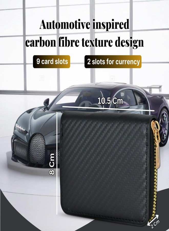 Heff Designer Carbon Fiber Textured Card Zipper Wallet, Unisex, 9 Slots 2 Currency Section (Carbon Black) - Image 2