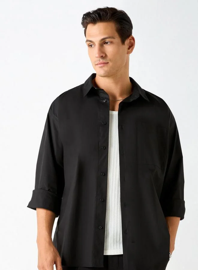 Iconic Iconic Solid Slim Fit Shirt with Pocket and Long Sleeves