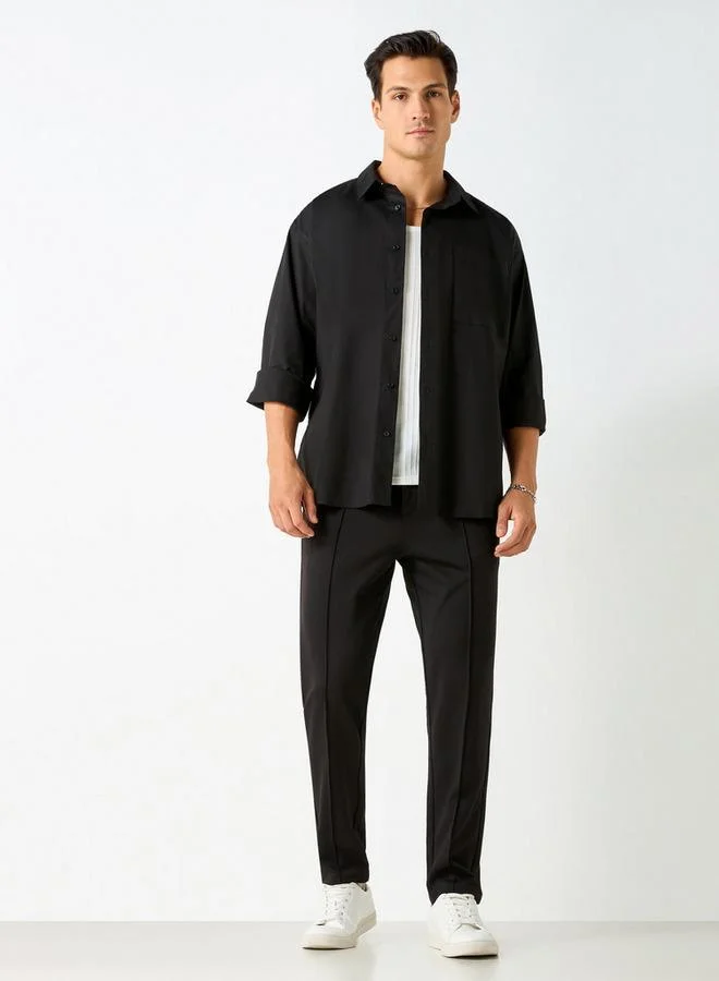 Iconic Iconic Solid Slim Fit Shirt with Pocket and Long Sleeves