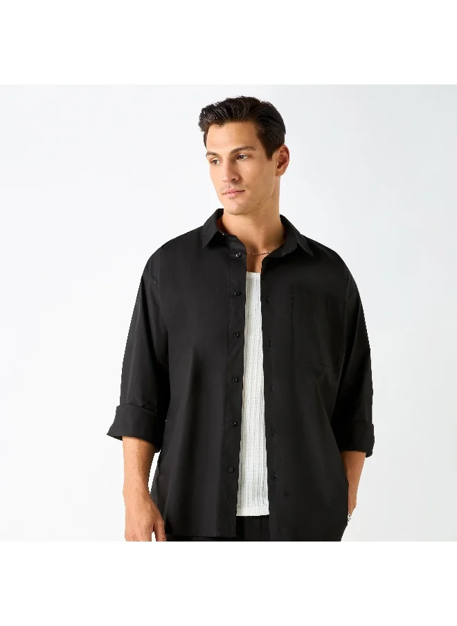 Iconic Iconic Solid Slim Fit Shirt with Pocket and Long Sleeves