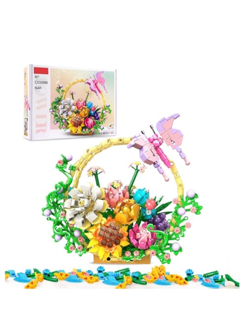 Zikra Flower Bouquet Building Set, Artificial Flowers Bonsai Basket Building, Artificial Faux Flowers Building, Flowers Botanical Collection Building Kit, Gift for Christmas Valentines Mother‚Äôs Day - Image 1