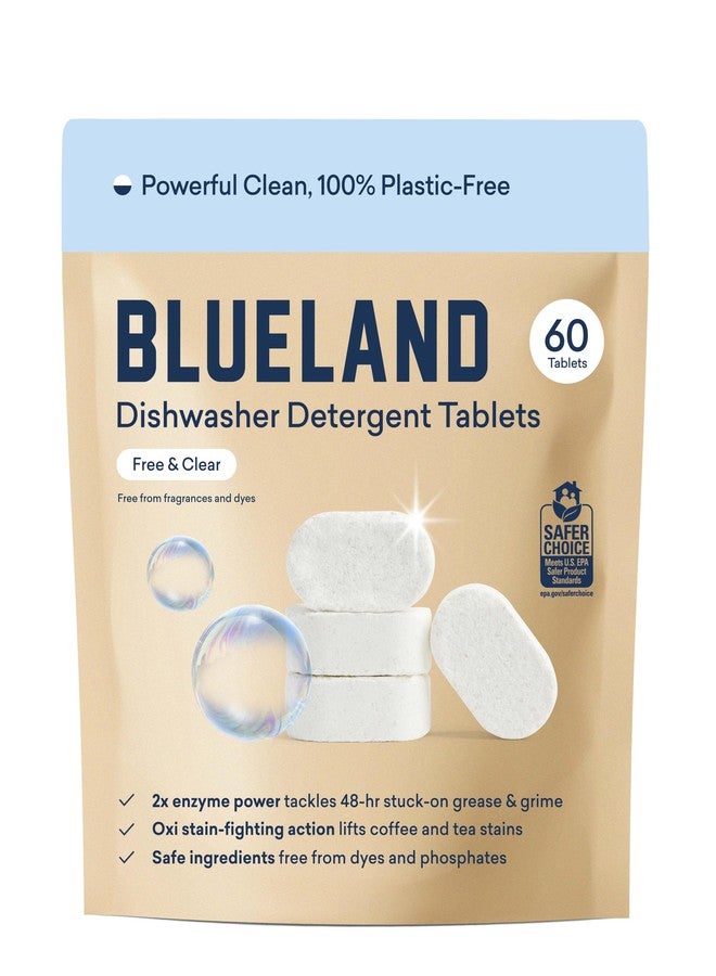 BLUELAND 100% Plastic-Free Dishwasher Detergent Tablets, 60 Count, Free & Clear, Eco-Friendly Dishwashing Pods, Natural, Sustainable - Image 1