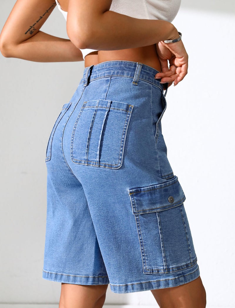 Eddoyee Bermuda Cargo Jorts for Women Denim Jean Shorts Casual Long Knee Length High Waisted Stretch Wide Leg Relaxed Fit(Blue Jean, Medium) - Image 2