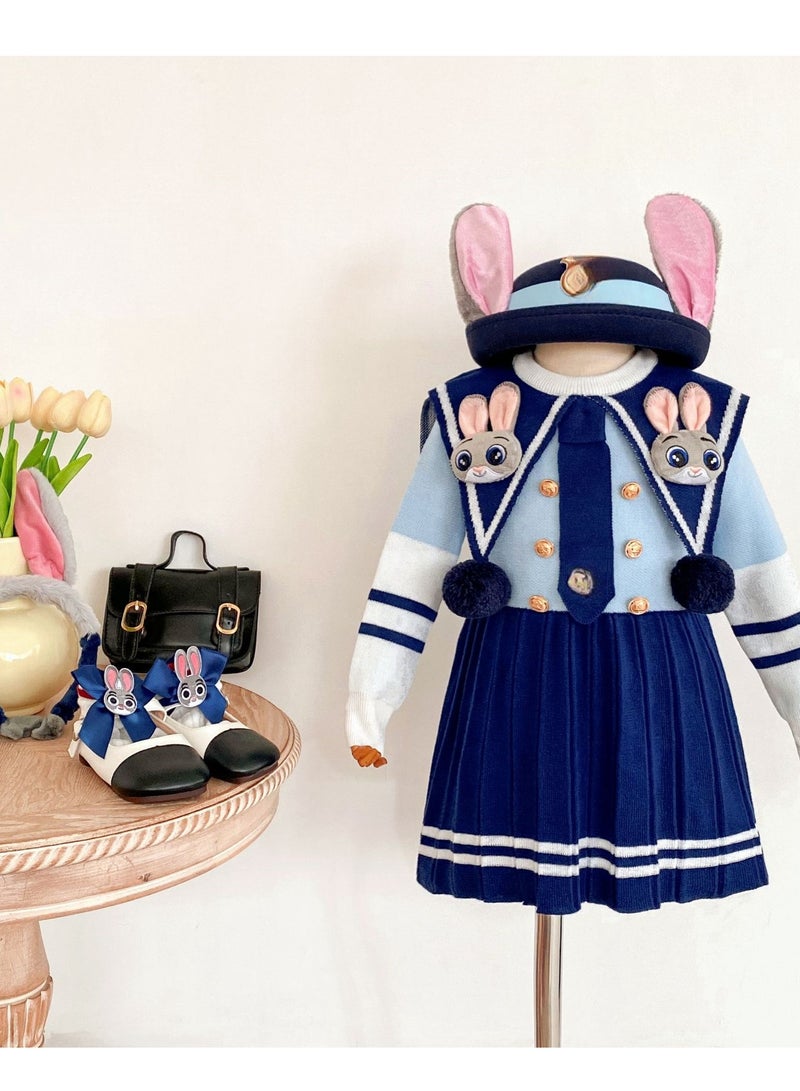 Four Piece Set —Children's Fashionable And Stylish Cartoon Pleated Knitted Long Sleeved Dress, Hat, Socks, Hair Hoop  - Image 1