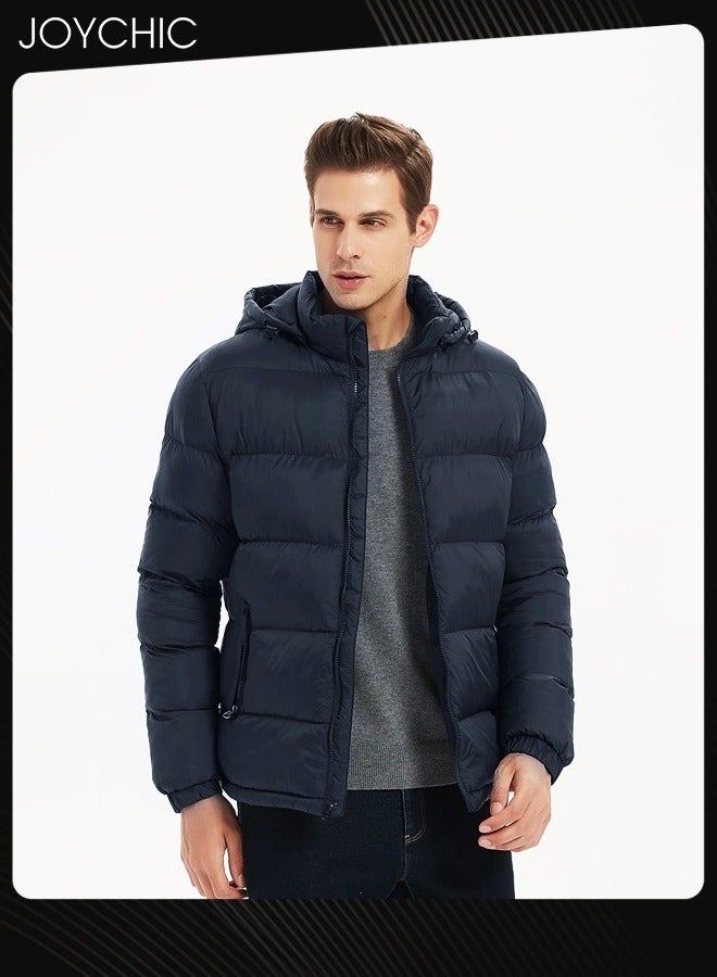 Joychic Men Down Jackets & Coats Lightweight Light Full Zip Up Puffy Puff Bubble Insulated Winter Warm Hooded Coat Outdoor Travel Slim Fit Puffer Jacket with Hood Navy Blue - Image 2