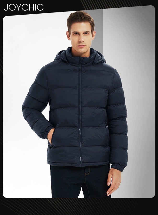 Joychic Men Down Jackets & Coats Lightweight Light Full Zip Up Puffy Puff Bubble Insulated Winter Warm Hooded Coat Outdoor Travel Slim Fit Puffer Jacket with Hood Navy Blue - Image 1